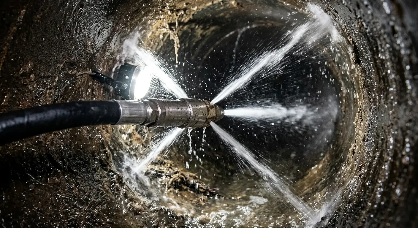 High-pressure hydro jetting nozzle cleaning sewer pipe for Trenchless Sewer Repair in Norwalk