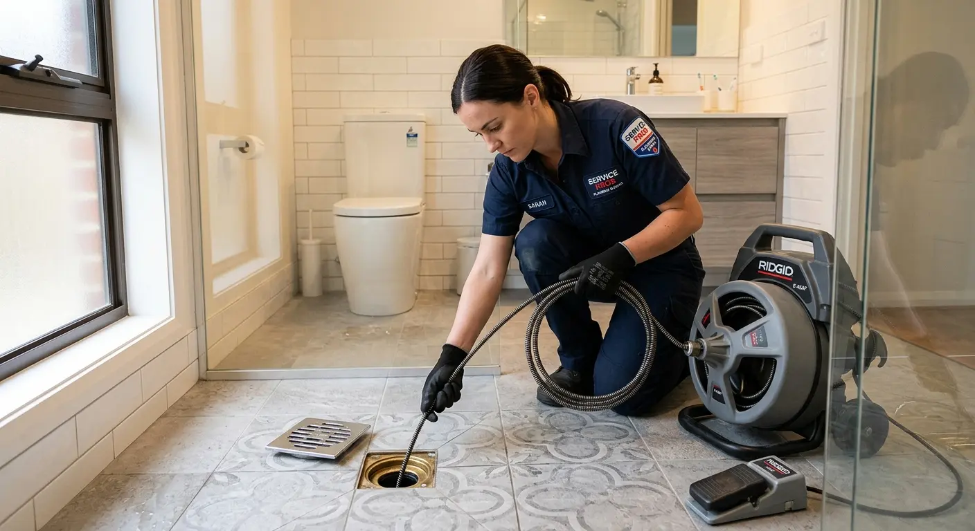 Technician clearing a bathroom floor drain for Sewer Line Replacement in Norwalk